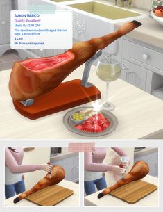 an animated image of a person cutting meat on a counter with a glass of wine in front of them