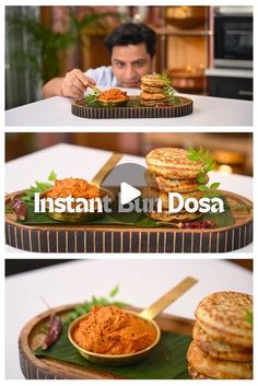 a man sitting at a table with food in front of him and the caption reads instant but dosa