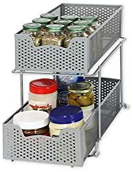 three tiered metal spice rack with spices and condiments