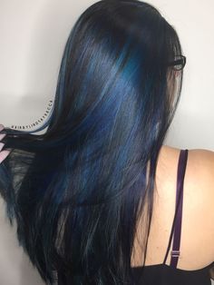 Colorful Hair Strands, Black Hair Colorful Highlights, Blue Balayage On Brown Hair, Dyed Highlights Color, Blue Hair Black Tips, Blue Highlights In Dark Brown Hair, Blue Hair Inspo Color, Dark Blue Skunk Stripe Hair, Black Hair With Blue Strands