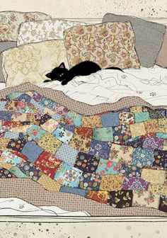 a black cat sleeping on top of a bed covered in quilts