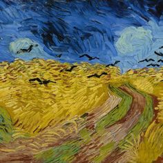 an oil painting of a dirt road in a wheat field with crows flying over it