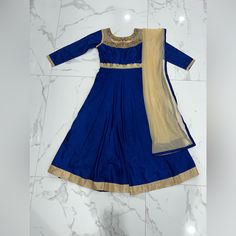 Size- S Color- Blue, Gold Beautiful Embroidery On The Top Preowned ( Good Condition) No Rips Or Stains Gown Lehenga, Indian Anarkali, Anarkali Gown, Beautiful Embroidery, Anarkali, Blue Gold, Lehenga, Blue Color, Color Blue