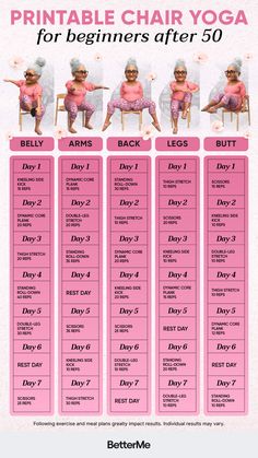 the printable chair yoga for beginners after 50 is shown in pink and white