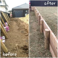 before and after pictures of a fence being built in the yard, with grass growing on the ground