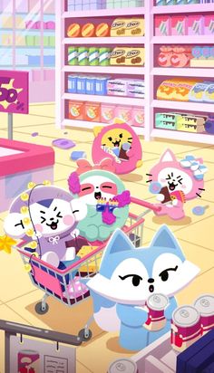 some cartoon characters are shopping in a store