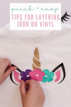 someone is making a unicorn t - shirt with the text how to layer iron on vinyl