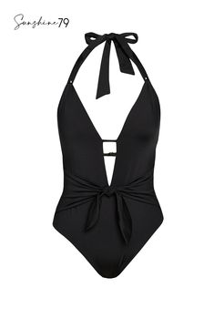 This black plunge one piece by Sunshine 79 is a sleek and sophisticated option for anyone who wants to make a statement at the beach or pool. The deep plunging neckline fastens at the center with an adjustable sash tie. A high-cut front lengthens the legs and moderate coverage in back keeps the look sophisticated. [split] Details One-piece suit Deep plunging neckline Adjustable sash ties Removable cups Adjustable & removable back strap Tummy control Moderate rear coverage Fabric 83% Nylon, 17% L Sleek Solid Color V-neck Swimwear, Chic V-neck Solid Swimwear, Black V-neck Sleek Swimwear, Black Lined V-neck Swimwear, Black V-neck One-piece Beachwear, Look Sophisticated, Swimsuit Material, Tanning Lotion, Sun Tan