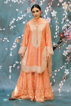 Shop for Niti Bothra Peach Chanderi Dori Work Kurta Sharara Set for Women Online at Aza Fashions Destination Wedding Colors, Dori Work, Embroidered Sharara, Kurta Sharara Set, Kurta Sharara, Resham Work, Velvet Dress Designs, Sharara Set, Organza Dupatta