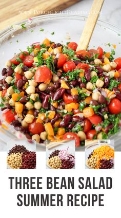 three bean salad recipe in a glass bowl with text overlay that reads, three bean salad summer recipe