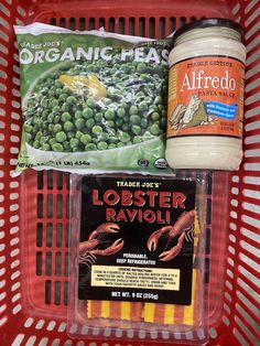 an assortment of food items in a grocery basket with labels on them and plastic containers