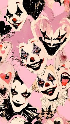 a group of clowns with their mouths open and faces painted in different colors on a pink background