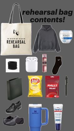 contents of a rehearsal bag Percy Jackson Costume, Musical Rehearsal, Middle School Essentials, Theater Kid Problems, Acting Auditions, Theatre School, Artsy Aesthetic, Aesthetic Memes