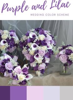 purple and lilac wedding color scheme with flowers in vases on the table next to each other