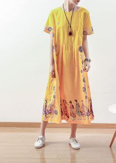 Summer Original Yellow Printed Linen DressFabric: Linen cotton Size & Fit: Fit: This garment fits true to size.Length: Size 2XL measures 44.85"from shoulder to hemBust: Great for any cup size. Waist: Loose Fit. Comfortable room throughout midsection.Hip: Loose Fit - room for hips. Hand Wash Cold. Casual Cotton Dress With Floral Print, Casual Cotton Short Sleeve Dresses, Casual Short Sleeve Cotton Dresses, Casual A-line Cotton Dress, Cotton Dresses With Relaxed Fit, Cotton Shift Midi Dress, Casual Yellow Shift Dress, Yellow Shift Casual Dress, Yellow Shift Dress Casual