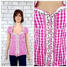 pink Gingham Shirt Gingham Dirndl Blouse Gingham Blouse dirndl top Button Up Shirt pink check shirt check Blouse Vintage cotton shirt S 7p Please refer to photos for details of condition.  Condition: very good vintage 100% -cotton Measurements : Length: 53 cm/ 21" Bust: 90 cm/35.4" Waist: 75 cm/29.5" Tag Size: 36 S note The color on the pictures may vary due to monitor settings and light reflections. Ready to ship Please do not hesitate to contact with me for any questions. Thank you for shopping today! Spring Gingham Fitted Shirt, Fitted Gingham Shirt For Spring, Gingham Shirt With Buttons For Summer, Summer Gingham Shirt With Buttons, Fitted Cotton Blouse For Picnic, Pink Check Shirt, Check Blouse, Gingham Blouse, Dirndl Blouse