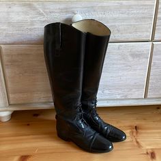 Made In Spain. Great Condition Except For The Left Strap Is Broken Off. They Were Stored With Wooden Boot Inserts To Hold Shape. Lace Up On Front Of Ankle Only. Size 8.5 W Newly Resoled. Fitted Round Toe Boots For Shows, Classic Round Toe Boots For Shows, Shoes Vintage, Vintage Shoes, Lace Up Boots, The Hamptons, Riding Boots, Vintage Black, Shoe Laces