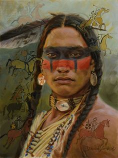 an image of a native american man with his face painted in red and black on the forehead