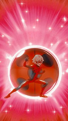 a cartoon character is in the middle of a pink circle with stars around her and an orange background