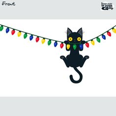 a black cat hanging from a string with christmas lights on it's tail and eyes