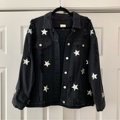 Brand New! Black Long Sleeve Outerwear With Star Print, Trendy Long Sleeve Outerwear With Star Print, Fall Denim Jacket With Star Print, Long Sleeve Denim Jacket With Star Print, Fall Denim Jacket With Star Patch, Spring Outerwear With Star Patch And Long Sleeves, Trendy Spring Outerwear With Star Patch, Fall Denim Jacket With Star Patch And Long Sleeves, Star Denim Jacket