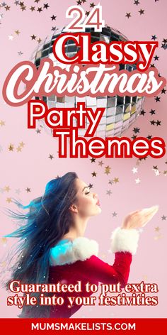 Chic woman dressed in christmas outfit, silver glitter ball and stars on a pink background. Text: 24 classy christmas party themes guaranteed to put extra style into your festivities Christmas Themes Ideas Decorations, Adults Christmas Party, Classy Christmas Party, Planning Christmas, Decades Party, Christmas Pajama Party, Christmas Party Planning, Adult Christmas Party, Adult Party Themes