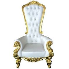 a white chair with gold trimmings and a buttoned up back, sitting in front of a white background