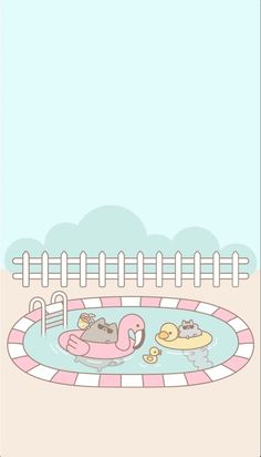 an illustration of a pool with two cats in it and a cat on the floater