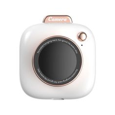 the camera is white and has a pink trim around it's front end, with a black circle at the center