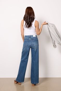 Relaxed yet polished, the Lana Jean by Pistola features a wide leg silhouette with a flattering high-rise fit and full-length inseam. They're crafted in soft cotton denim with a hint of stretch for day-to-night wear. | PISTOLA Women's Lana Jean, Size 29, Blue Fall Closet, Brand Style Guide, Fashion 101, Fall Shopping, Tee Dress, Fall Trends, Work Fashion, Nightwear, Trending Shoes