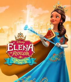 an animated character in a blue dress holding a wand and wearing a tiara with the name elena of aviator written on it