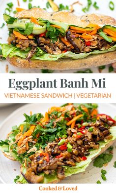 an eggplant banh mi sandwich on a white plate