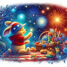 a painting of a teddy bear sitting on a table with fireworks in the sky behind it