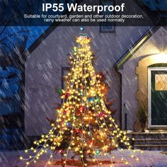 a lighted christmas tree in front of a house with the words ip5 waterproof written on it