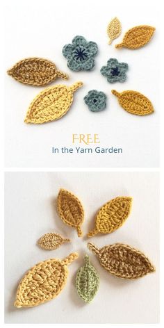 crocheted leaves with the words free in the yarn garden written on them and below