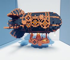 a model of a space ship made out of legos is shown in front of a blue background