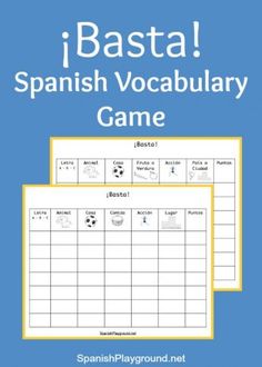 two spanish games with words and pictures on them, one is for the first time