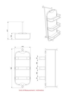 the measurements and measurements for an outdoor storage rack with shelves on one side, and another shelf in the other