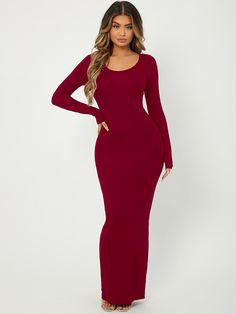 Burgundy Elegant  Long Sleeve Viscose Plain Bodycon Embellished Medium Stretch Spring/Fall Women Dresses Long Dresses Elegant, Maxi Bodycon Dress, Long Sleeve Fitted Dress, Knitted Bodycon Dress, Neck Bodycon Dress, Ribbed Knit Dress, Crewneck Dress, Slim Fit Dresses, Women Maxi