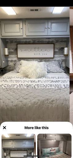 a bed with pillows and blankets in a room next to a wall that has been built into it