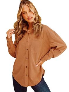 Introducing our stylish solid color shirt for women, featuring a button-down lapel and convenient pocket top. Made from high-quality polyester fiber, this corduroy cardigan shirt offers both comfort and durability. Main Features: Classic button-down lapel design Functional pocket top for added convenience Long sleeves for a versatile look Loose-fitting style for all-day comfort Crafted with precision using printing and dyeing techniques Product Details: Main Fabric: Polyester fiber (polyester) Pattern: Solid color Style: Cardigan Clothing Length: Ordinary (50cm) Elevate your everyday style with our corduroy cardigan shirt for women. Perfect for casual outings or formal events, this versatile piece is a must-have in every fashion-forward woman's wardrobe. Lapel Design, Cardigan Shirt, Cardigan Outfits, Dyeing Techniques, Midi Dress Casual, Solid Color Shirt, Style Cardigan, Color Shirt, Pocket Top