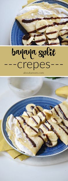 banana split crepes with chocolate drizzled on top and bananas in the background