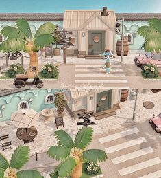 an animated image of a small town with palm trees and cars parked on the street