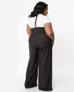 Unique Vintage Plus Size Black Thelma Suspender Pants | Black Grey Suspenders, Uv Clothing, Vintage Plus Size, Suspender Pants, Suspender Skirt, Plus Size Vintage, Plus Size Black, 1980s Fashion, Black Silhouette