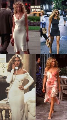 four different pictures of women in dresses on the street and one is talking on her cell phone