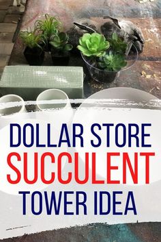 dollar store succulent tower idea with text overlay