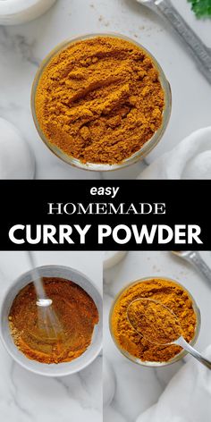 3 photos of homemade curry powder with white marble backgrounds. Curry Spice Mix, Homemade Curry Powder, Curry Seasoning, Homemade Curry, Best Curry, Spice Mix Recipes, Homemade Spice Blends