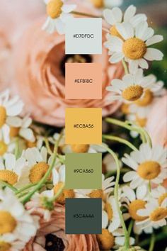 the color scheme for this bouquet is peach, yellow and green with white daisies