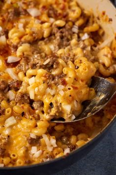 a skillet filled with macaroni and cheese