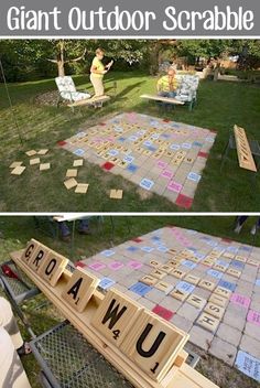 an outdoor scrabble game made out of wood blocks